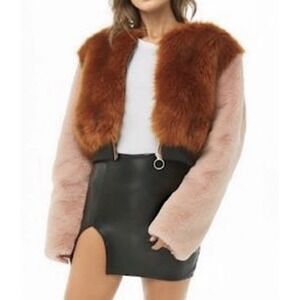 Shaci Women's Faux Fur Jacket Sz M Crop Camel Pink Full Zip Ribbed Hem Trendy